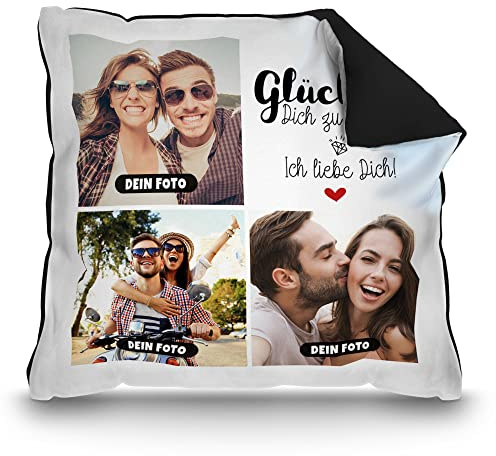 Print Royal PR Kissen mit Füllung - Fotocollage selbst gestalten mit Spruch - Glück ist - mit DREI eigenen Fotos - Geschenkidee Fotokissen | Farbkissen Rückseite Schwarz, 40 x 40 cm