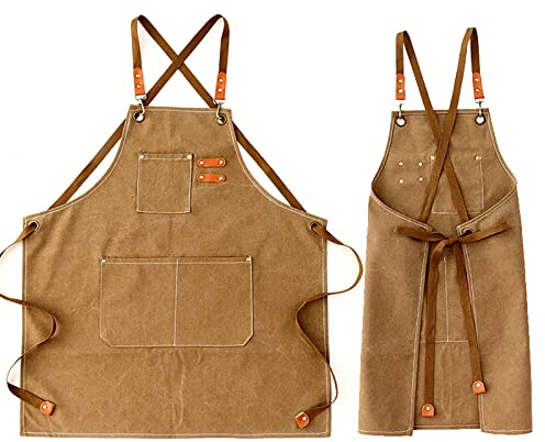 Kvimvty Canvas Cross Back Heavy Duty Work Tool Apron, Carpenter Apron, Woodworking Apron with Large Pockets Waterproof Adjustable Chef Apron