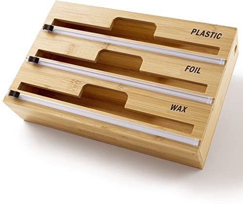 Kitchen Wrap Dispenser, 3 In 1 Folienspender Bambus Organizer Folienschneider Bamboo Alufolie Frischhaltefolie Schublade Halter Alufolie Aufbewahrung Abroller Alufolienspender, Geeignet Für Die Küche