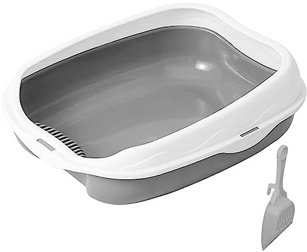 Fonowx Katzentoilette mit Schaufel, Katzenklo Offen mit Hohem Rand Groß, Katze WC, Katzensandkasten rutschfest, Schalentoilette Katze ohne Deckel, Cat Litter Tray für Kätzchen, Grau L 50x40x17cm