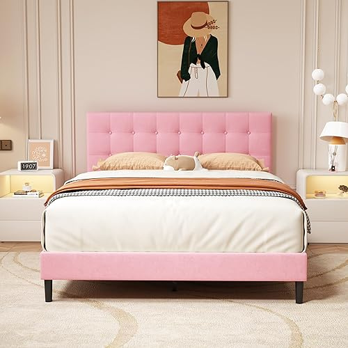 alazyhome Queen Size Upholstered Platform Bed Frame with Button Tufted Velvet Headboard Wood Slat Support Easy Assembly No Box Spring Needed Pink