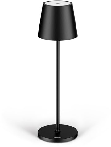 Classica 3 (38 cm) - Lampada LED Ricaricabile USB-C da Tavolo a Lunga Durata con Base Tonda - Luce Regolabile (Dimmer) con il Tocco - Casa e Ristorante - Protezione IP54 - Nero