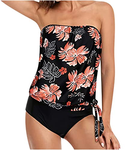 Bandeau Swimsuits for Women with Shorts UK Two Piece Strapless Tankini Sets Tummy Control Swimwear Vintage Print Swim Tank Top & Shorts High Waist Bathing Suit Swimming Costumes Ladies Pink