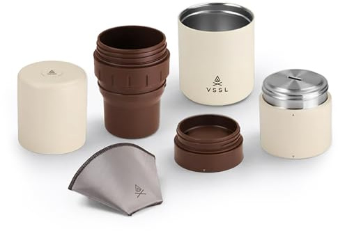 VSSL - Kit de café Nest Pour Over | Cafetera para acampar | Viaje todo en uno | Gotero transportable, dos tazas de viaje de acero inoxidable de 10 onzas | Almacenamiento compacto y listo para