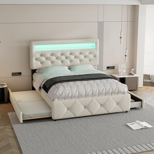 Zravenna Polsterbett mit Ausziehbett 140x200cm, Bett Ausziehbar zum Doppelbett(90x190cm Bettauszug), Boxspringbett mit Bettkasten,Schubladen & Polster Kopfteil, Tragfähigkeit 250 kg (Beige)