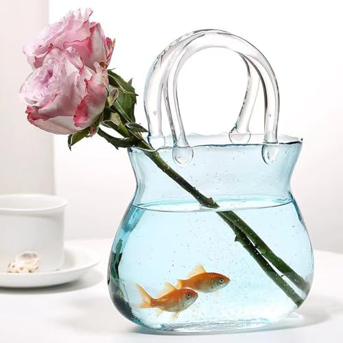JINGAN Glass Purse Vase With Handle | Handmade Clear Flower Basket | Oblong Glass Vase For Flowers | Modern Home Decor