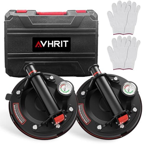Avhrit Glass Suction Cups, 8-Inch Glass Suckers Lifters with Pressure Gauge, 485LBS Load Capacity, Heavy Duty Vacuum Tile Suction Lifter for Granite/Tile/Window/Floor (8 (2pcs))