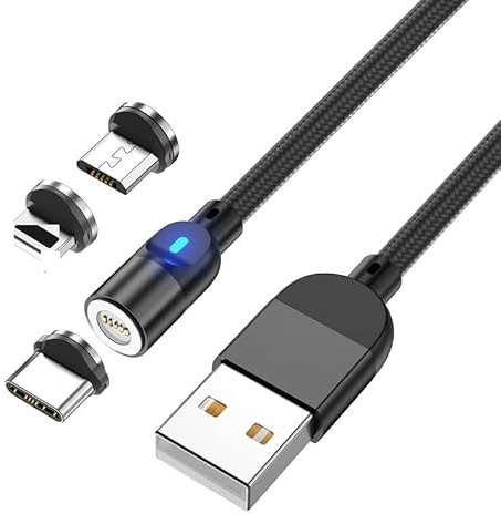 ElectroWorldFR Cable USB magnético 360° con transferencia de datos 2 metros LED 3 en 1 tipo C/Micro/8 pin 360° data 2m