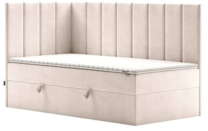 mybed. Boxspringbett Einzelbett Beti Polsterbett mit Kopfteil Jugendbett Kinderbett Ecru Velours 7 Zonen Taschenmatratze H4 und Topper Bettkasten 120x200 Linke Seite