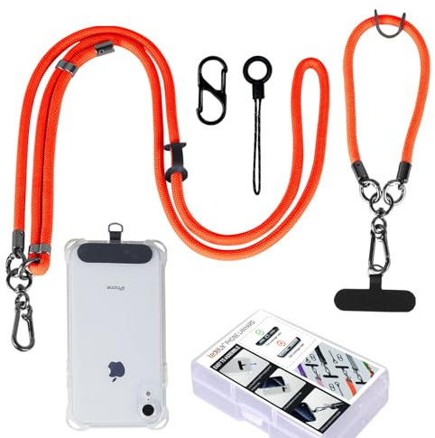 kedelux Phone Lanyard Crossbody, Adjustable 1x Cell Phone Neck Strap 1 x Wrist Strap, Anti Theft Universal Nylon Phone Chain for iPhone Samsung, Orange