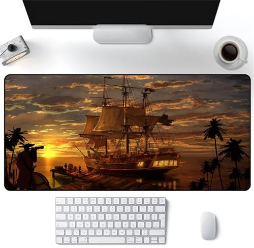 TengYuer Übergröße Mauspad XXL 1200x600x2mm Gaming Mauspads Sonnenuntergang Segelboothafen Großes Erweitertes Mauspad Schreibtisch Protector Matte mit Anti-Rutsch Basis für Gaming Büro Zuhause