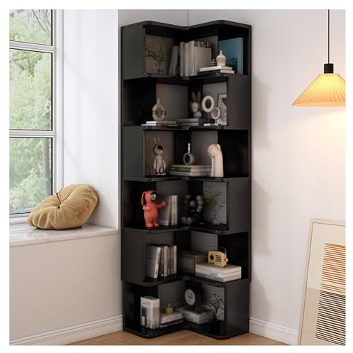 Corner Bookshelf,Bookcase with Baffles Etagere Shelf Storage Rack,7 Tiers Corner Bookshelf for Small Space Study Room Living Room Office(Black,6-tiers)