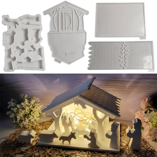 ALEFBET Silikonformen Gießformen, Silikonform Kerzenhalter Jesus Geburt, 3D Haus Krippen Silikon Gießform Kerzenhalter Gipsformen zum Gießen，Epoxidharz Formen (Krippen)