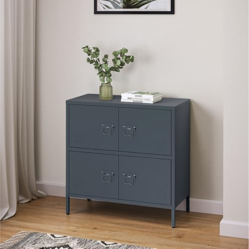 skølm Zandor Metall Kommode – Sideboard mit 2 Fächern & 4 Türen – Metallschrank in Anthrazit – Kleiner Mehrzweckschrank 80 cm breit – höhenverstellbare Füße – Aufbewahrungsschrank – Wohnzimmerschrank