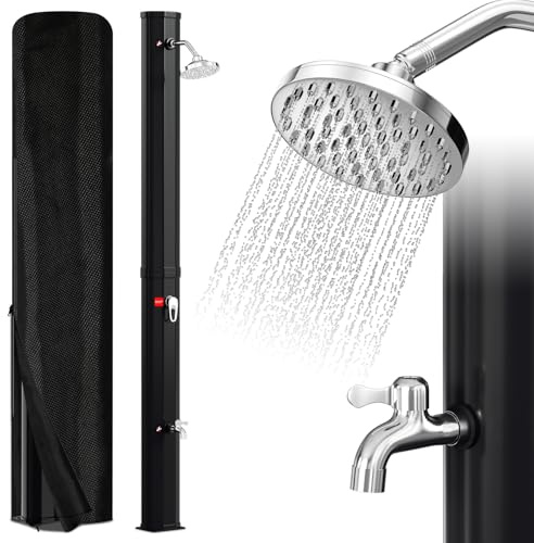Uggleke Soldusch 35 l solträdgård dusch med 360° regnduschhuvud och kran, varmt vatten max. 60 ℃, utan strömanslutning, pooldusch med skyddskåpa dräneringsskruv, svart