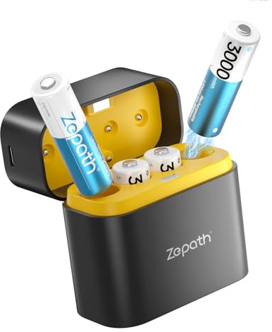 Zepath Wiederaufladbare AA Lithium Akkus 1.5V 3000mWh, 4 pcs mit Ladebox | 4 AA Akkus mit Ladebox, 3000mWh Kapazität, langlebig, platzsparende Aufbewahrung und Laden