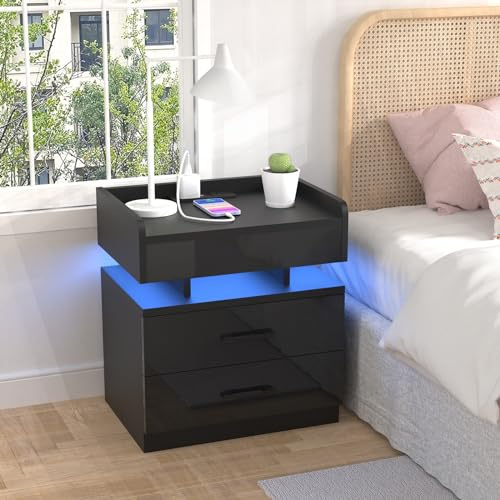HAMHAIGO Set di 1 Comodino con Prese e luce LED, Tavolino con 2 cassetti e Scomparto Aperto, Comodino Camera da Letto con porte USB e prese, per Camera da Letto, Soggiorno, 45x35x52,5 cm (Nero-A)