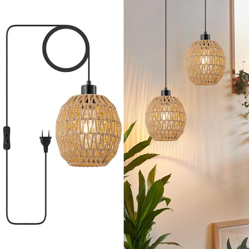 WILON 2 Hängelampe mit Stecker, Rattan Hängeleuchte, Esstischlampe Hängend | Mit 4.5M Kabel, Fensterlampe zum Hängen, E27 Outdoor Hängend Lampe für Wohnzimmer Schlafzimmer Bar Garten Terrasse