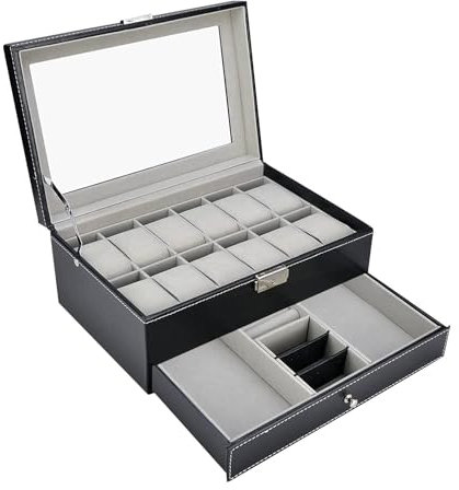 Watch Winder 2-Tier Watch Holder – PU Leather Watch Box with Glass Lid for Men & Women, 12 Slot Watch Case for Watches, Jewellery & Sunglasses