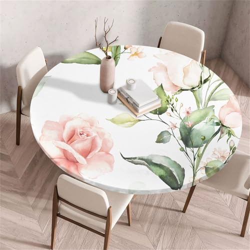 Morbuy Elastische Tischdecke Rund, 3D Grün Blatt Muster Tischdecke Wasserdicht Schmutzabweisend Gartentischdecken Tischtuch Abwischbar Tischschutz für Party (Rose Blume A,Durchmesser 80cm)