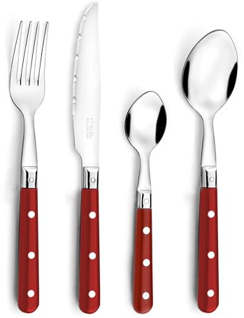 Pradel Essentiel Bistro-Club - Cubertería, 24 cubiertos de mesa, para 6 personas, acero inoxidable 18/0, acabado estándar, rojo