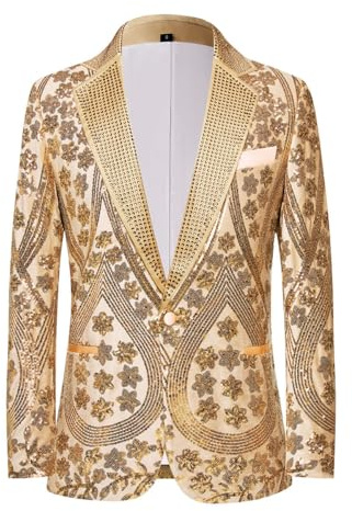 PYJTRL Broderad paljett blommönster blazer jacka med strass hack krage för bröllopsfest bal, Guld, L