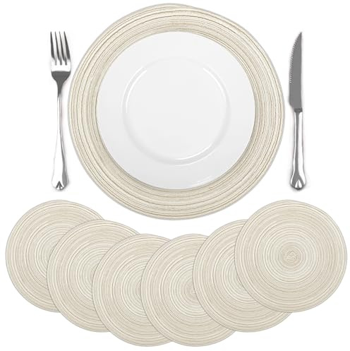 comfoyar Set di 6 Tovagliette Americane Beige Rotondo Intrecciato, Antiscivolo in Cotone Poliestere Tovagliette Americane lavabili per Cucina Decorazione, Tavola di Feste e Pranzi 38x38cm