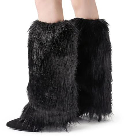 QckZee Damen Beinstulpen aus Kunstfell – Flauschige Leg Warmers für Festival, Weihnachten & Winter – Furry Stulpen für Stiefel, Kostüm & Alltag (Schwarz)