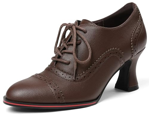 Yremael Women's Brown Oxfords Dress Wingtip Vintage Comfortable Chunky High Heel Lace Up Brogues Booties