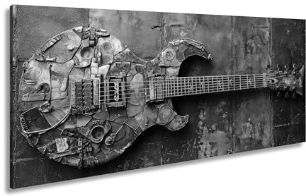 Leinwandbild Mosaik-Gitarre aus rostigem Metall mit industrieller Seele Panorama 100x50cm Effekt:Schwarz&Weiß XXL Kunstdruck Bild auf Keilrahmen/Wandbild/Wohnzimmer Dekoration