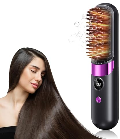 Spazzola Lisciante Per Capelli, Piastra Capelli Professionale, 2 in 1 Hair Straightener, 4 Temperature, 140°C-199°C, Tecnologia Ceramica PTC, Viaggio, Riscaldamento Rapido e Ricarica