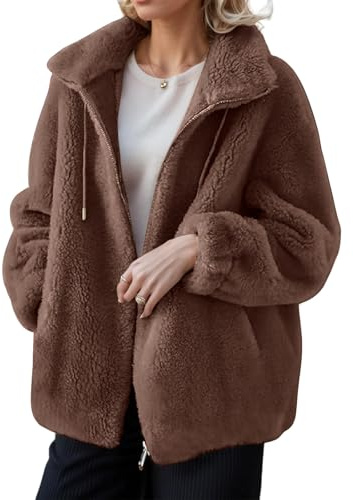 Womens Fuzzy Teddy Jacket Full Zip, Oversized Fleece Hoodie with Pockets, Fluffy Winter Jumper Coat for Women, Warm Casual Sherpa Zip Jacket, Soft Fleece Tops for Ladies Autumn & Winter Outerwear