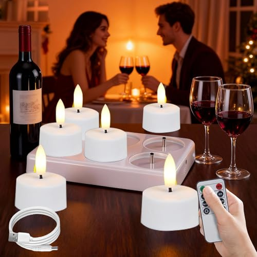 Calenxy 6er LED Teelichter Wiederaufladbar mit Ladestation, Aufladbare LED Teelichter Kerzen Flackernd mit Fernbedienung Timer Dimmbar,Familie Urlaub Tisch Party Deko,Ø4 x 5cm