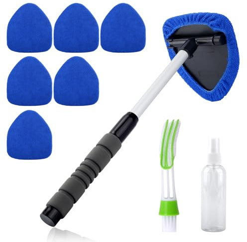 Lot de 9 outils de nettoyage de pare-brise de voiture, outils de nettoyage intérieur, tête rotative à 180°, outil de désembuage extensible, outils de nettoyage de vitres de voiture avec 6 tampons