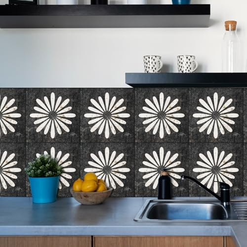 Tile Stickers for Bathroom Waterproof Black White PVC Vinyl Backsplash Stick On Tiles Self Adhesive Waterproof Oilproof Home Decor for Kitchen, Living Room Fireplace Stairs
