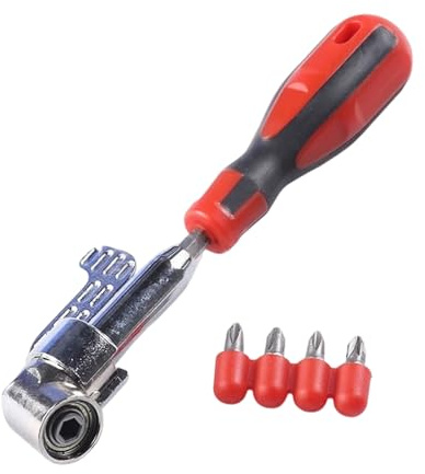 Destornillador en ángulo de mango rojo de 105° con 4 puntas de metal ergonómico para reparaciones de espacios reducidos, destornillador de esquina de ángulo de grado