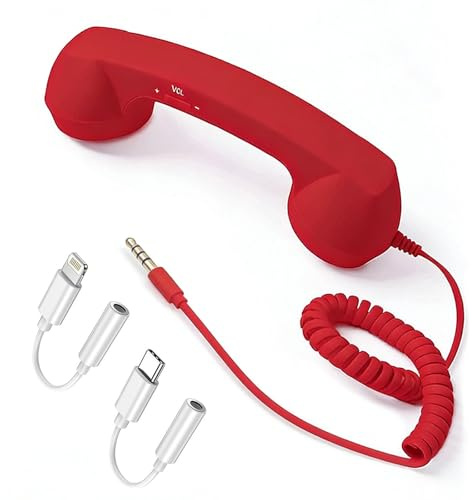 FTNA Retro Phone Handset for Cell Phone – Wired Vintage Telephone Receiver with 3.5mm Jack, Includes USB-C & Lightning Adapters, Built-in Microphone & Speaker, Fun Desk Accessory (Red)