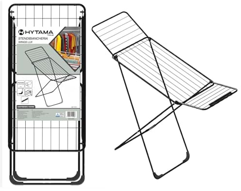 HYTAMA TOOLS Stendibiancheria WINGSLUX Nero da pavimento, 18 m di stenditura, acciaio resistente, pieghevole e salvaspazio, piedini antiscivolo, supporto calzini e biancheria, certificato TÜV