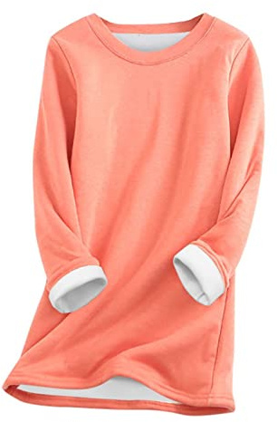 Sweatshirt av fleece – termoundertröja dam långärmad, stora storlekar, sweattop, vinter, varm, fritidströja med rund hals, sweatshirts, basic damtröja, mjuk långtröja