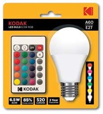 Bombilla KODAK LED RGB A60 - E27-6.5W=55W - Mando A Distancia