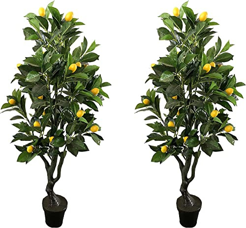 AMERIQUE Pair 4 Feet Gorgeous & Lifelike Six-Branch Artificial Trees with Various Size Lemon Fruits, with Nursery Pot, Real Touch Tech, 48, Yellow and Green, 4 Count