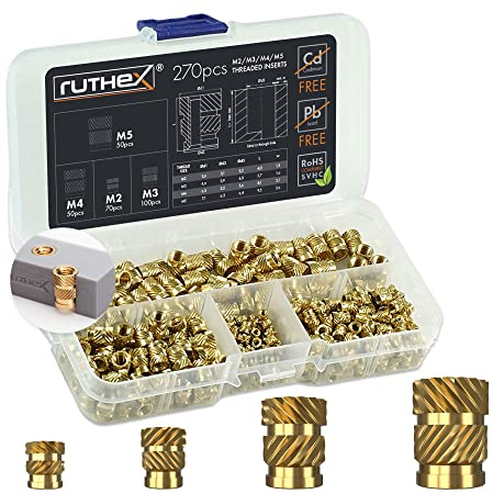 ruthex Gewindeeinsätze M2 + M3 + M4 + M5 Sortimentskasten - 70 + 100 + 50 + 50 Stk. BLEIFREIE Gewindebuchsen aus Messing - zum Einschmelzen einer Gewindehülse in 3D-Druck-Teile aus Kunststoff