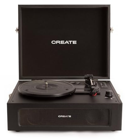 CREATE/Record Player Retro/Tragbarer Koffer-Plattenspieler in Schwarz/Mit Bluetooth USB, SD, MicroSD und Mp3, Retro-Stil