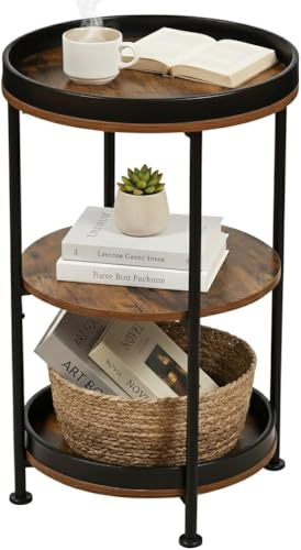 YEAKOO Industrial Nordic End Table, 3-Tier Round Side Table with Storage Shelf Edge Protection Tray, Sturdy Metal Frame Coffee Table Bedside Table for Living Room Bedroom Small Spaces/Rustic Brown