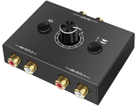 UNSTINCER Cinch Audio Switch Analog Stereo 2(1)-In-1(2)-Out, Metallgehäuse | RCA L/R Umschalter mit Lautstärkeregler Mute, a/b Line Sound Schalter Box für Phono Lautsprecher CD, Passive Chinch Selector