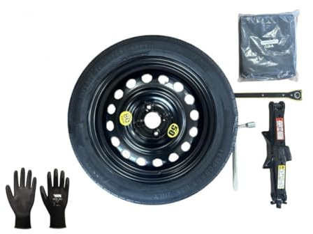 Kit rueda de repuesto de 16 compatible con KIA PICANTO (2017), RIO STONIC HYUNDAI I10,I20, BAYON, MAZDA 2 TOYOTA YARIS (4 agujeros) con gata, llave y funda 125/80R16