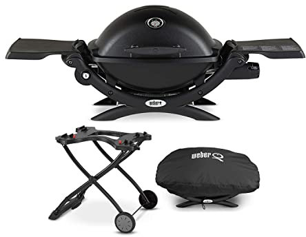 Weber Q 1200 Gas Grill - LP Gas (Black) with Portable Cart and Grill Cover Bundle (3 Items)