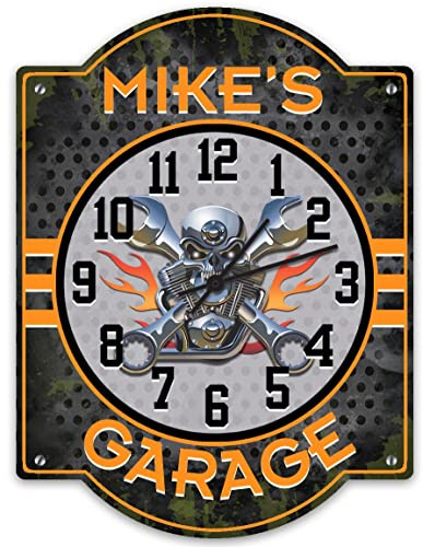 Decorative Concepts Motorcycle Garage Orange Wall Clock Customized, Biker Parking Clock, Mechanic Clock
