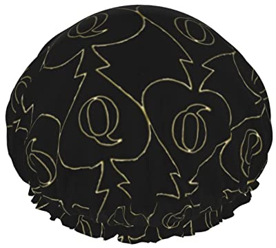 Women Reusable Stretch Hem Hair Hat Golden Queen Of Spades DoubleWaterproof Shower Cap Bath Cap