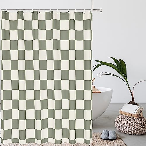 Tititex Ästhetischer Schachbrett-Gittermuster Duschvorhang, Beige Salbeigrün Moderne Duschvorhang-Sets Dekoration 71x84 Zoll (180x213 cm) mit Haken